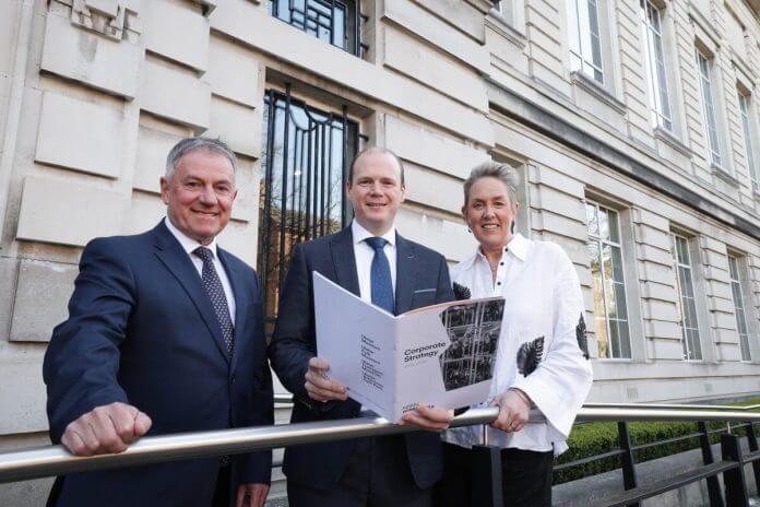 National Museums NI Chair Gordon Milligan with Communities Minister Gordon Lyons and NMNI Chief Executive Kathryn Thomson